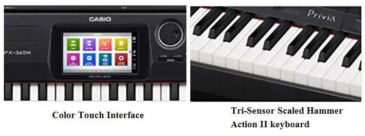 Casio PX-360 color touch interface and keyboard action